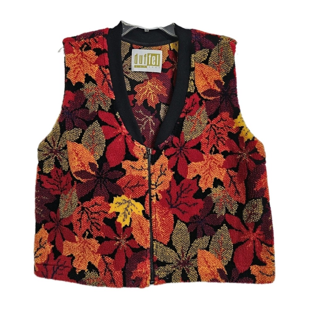 Duffel Outdoor Vest Womens‎ Lg Multi Autumn Leaf Fleece Full Zip Sherpa Vintage